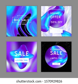 Vector Iridescent holographic fluid texture in vibrant gradient colors.Sale banner templates set for social media.Marbled ink Trippy image.Synthwave/retrowave/vaporwave neon aesthetics.