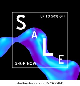 Vector Iridescent holographic fluid texture in vibrant gradient.Sale banner template for social media.Marbled ink Trippy image.Synthwave/retrowave/vaporwave neon aesthetics.Blue,black,purple,white