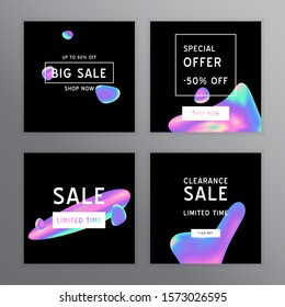 Vector Iridescent holographic fluid texture in vibrant gradient colors. Sale template for social media.Marbled ink Trippy image