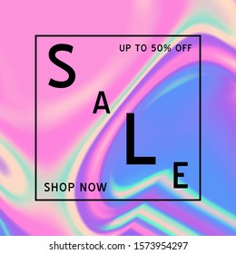 Vector Iridescent holographic fluid texture in vibrant gradient colors. Sale template for social media. Marbled ink Trippy image. Synthwave/retrowave/vaporwave neon aesthetics. Blue\pink\green\purple