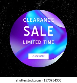 Vector Iridescent holographic fluid texture in vibrant gradient. Sale banner template for social media. Marbled ink Trippy image. Synthwave/retrowave/vaporwave neon aesthetics. Blue,black,purple,white