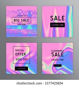 Vector Iridescent holographic fluid texture in vibrant gradient colors.Sale template for social media.