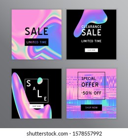 Vector Iridescent holographic fluid texture in vibrant gradient colors.Sale template for social media.Marbled ink Trippy image.Synthwave/retrowave/vaporwave neon aesthetics.Blue\pink\green\purple