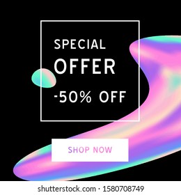 Vector Iridescent holographic fluid texture in vibrant gradient colors.Sale template for social media.Marbled ink Trippy image.Synthwave/retrowave/vaporwave neon aesthetics.Blue\pink\green\purple
