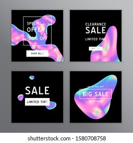 Vector Iridescent holographic fluid texture in vibrant gradient colors.Sale template for social media.Marbled ink Trippy image.Synthwave/retrowave/vaporwave neon aesthetics.Blue\pink\green\purple