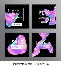Vector Iridescent holographic fluid texture in vibrant gradient colors.Sale template for social media.Marbled ink Trippy image.Synthwave/retrowave/vaporwave neon aesthetics.Blue\pink\green\purple
