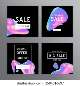 Vector Iridescent holographic fluid texture in vibrant gradient colors.Sale template for social media.Marbled ink Trippy image.Synthwave/retrowave/vaporwave neon aesthetics.Blue\pink\green\purple