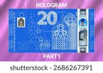 Vector. Iridescent security holograms of Europe note. Blue graphic drawing of obverse of European Union 20 euro banknote. Twenty. Money. Part 1