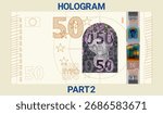 Vector. Iridescent security holograms of Europe note. Graphic drawing of obverse of European Union 50 euro banknote. Fifty. Money. Part 2