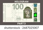 Vector. Iridescent security holograms of Europe note. Graphic drawing of obverse of European Union 100 euro banknote. Hundred. Money. Part 3