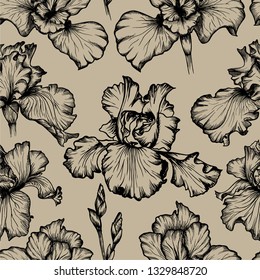 Vector iris botanical flower. Black and white line-art. Seamless background pattern. Wallpaper print. Vintage background.