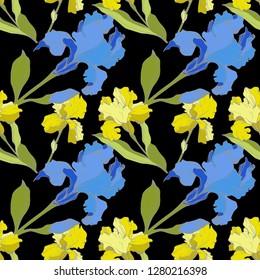 Vector Iris floral botanical flower. Wild spring leaf wildflower isolated. Engraved ink art. Seamless background pattern. Fabric wallpaper print texture.
