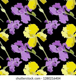 Vector Iris floral botanical flower. Wild spring leaf wildflower isolated. Engraved ink art. Seamless background pattern. Fabric wallpaper print texture.