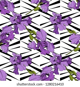 Vector Iris floral botanical flower. Wild spring leaf wildflower isolated. Engraved ink art. Seamless background pattern. Fabric wallpaper print texture.