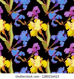 Vector Iris floral botanical flower. Wild spring leaf wildflower isolated. Engraved ink art. Seamless background pattern. Fabric wallpaper print texture.