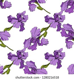 Vector Iris floral botanical flower. Wild spring leaf wildflower isolated. Engraved ink art. Seamless background pattern. Fabric wallpaper print texture.