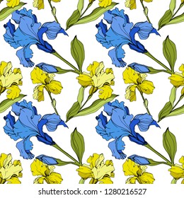 Vector Iris floral botanical flower. Wild spring leaf wildflower isolated. Engraved ink art. Seamless background pattern. Fabric wallpaper print texture.