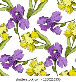 Vector Iris floral botanical flower. Wild spring leaf wildflower isolated. Engraved ink art. Seamless background pattern. Fabric wallpaper print texture.