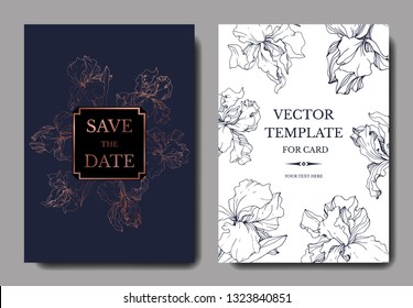 Vector Iris floral botanical flower. Wild spring leaf wildflower isolated. Engraved ink art. Wedding background card floral decorative border. Elegant card illustration graphic set banner.