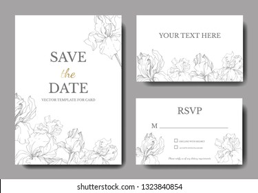 Vector Iris floral botanical flower. Wild spring leaf wildflower isolated. Engraved ink art. Wedding background card floral decorative border. Elegant card illustration graphic set banner.