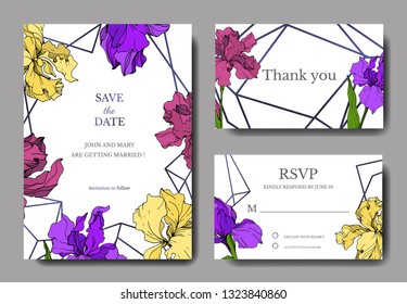 Vector Iris floral botanical flower. Wild spring leaf wildflower isolated. Engraved ink art. Wedding background card floral decorative border. Elegant card illustration graphic set banner.