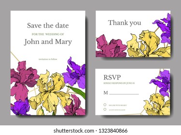 Vector Iris floral botanical flower. Wild spring leaf wildflower isolated. Engraved ink art. Wedding background card floral decorative border. Elegant card illustration graphic set banner.