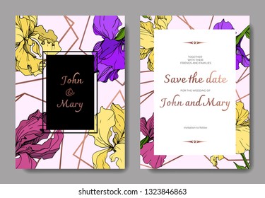 Vector Iris floral botanical flower. Wild spring leaf wildflower isolated. Engraved ink art. Wedding background card floral decorative border. Elegant card illustration graphic set banner.