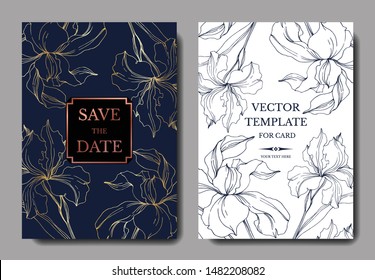 Vector Iris floral botanical flowers. Black and white engraved ink art. Wedding background card floral decorative border. Thank you, rsvp, invitation elegant card illustration graphic set banner.