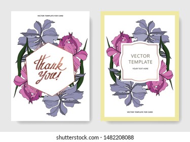 Vector Iris floral botanical flowers. Black and white engraved ink art. Wedding background card floral decorative border. Thank you, rsvp, invitation elegant card illustration graphic set banner.