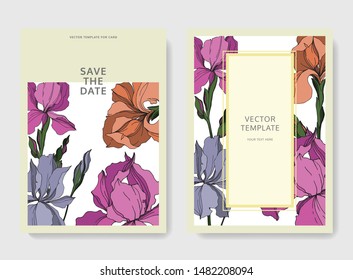 Vector Iris floral botanical flowers. Black and white engraved ink art. Wedding background card floral decorative border. Thank you, rsvp, invitation elegant card illustration graphic set banner.