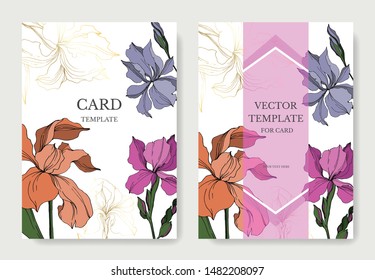 Vector Iris floral botanical flowers. Black and white engraved ink art. Wedding background card floral decorative border. Thank you, rsvp, invitation elegant card illustration graphic set banner.