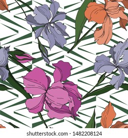 Vector Iris floral botanical flowers. Wild spring leaf wildflower isolated. Black and white engraved ink art. Seamless background pattern. Fabric wallpaper print texture.