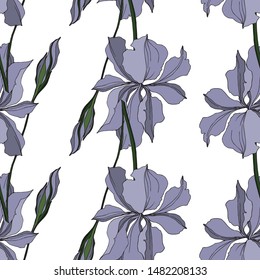 Vector Iris floral botanical flowers. Wild spring leaf wildflower isolated. Black and white engraved ink art. Seamless background pattern. Fabric wallpaper print texture.