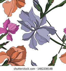 Vector Iris floral botanical flowers. Wild spring leaf wildflower isolated. Black and white engraved ink art. Seamless background pattern. Fabric wallpaper print texture.