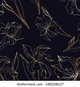 Vector Iris floral botanical flowers. Wild spring leaf wildflower isolated. Black and white engraved ink art. Seamless background pattern. Fabric wallpaper print texture.