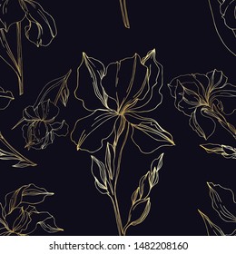 Vector Iris floral botanical flowers. Wild spring leaf wildflower isolated. Black and white engraved ink art. Seamless background pattern. Fabric wallpaper print texture.