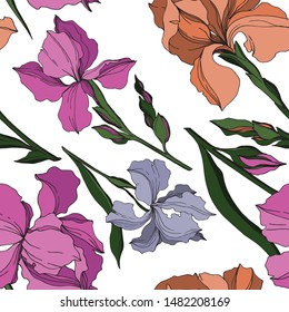 Vector Iris floral botanical flowers. Wild spring leaf wildflower isolated. Black and white engraved ink art. Seamless background pattern. Fabric wallpaper print texture.