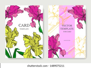 Vector Iris floral botanical flowers. Black and white engraved ink art. Wedding background card decorative border. Thank you, rsvp, invitation elegant card illustration graphic set banner.