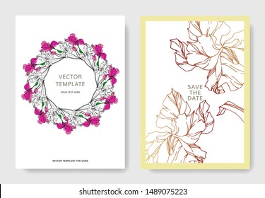 Vector Iris floral botanical flowers. Black and white engraved ink art. Wedding background card decorative border. Thank you, rsvp, invitation elegant card illustration graphic set banner.
