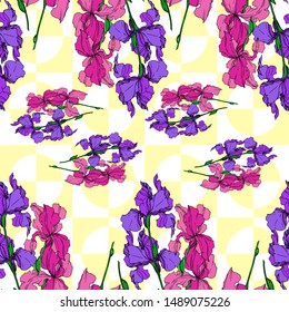 Vector Iris floral botanical flowers. Wild spring leaf wildflower isolated. Black and white engraved ink art. Seamless background pattern. Fabric wallpaper print texture.
