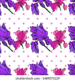 Vector Iris floral botanical flowers. Wild spring leaf wildflower isolated. Black and white engraved ink art. Seamless background pattern. Fabric wallpaper print texture.