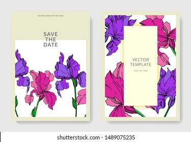 Vector Iris floral botanical flowers. Black and white engraved ink art. Wedding background card decorative border. Thank you, rsvp, invitation elegant card illustration graphic set banner.