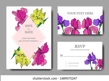 Vector Iris floral botanical flowers. Black and white engraved ink art. Wedding background card decorative border. Thank you, rsvp, invitation elegant card illustration graphic set banner.