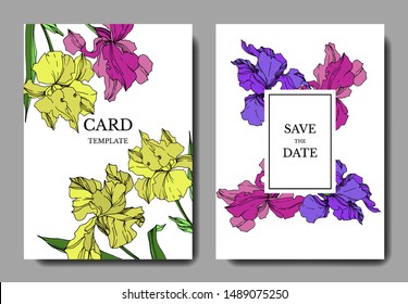 Vector Iris floral botanical flowers. Black and white engraved ink art. Wedding background card decorative border. Thank you, rsvp, invitation elegant card illustration graphic set banner.