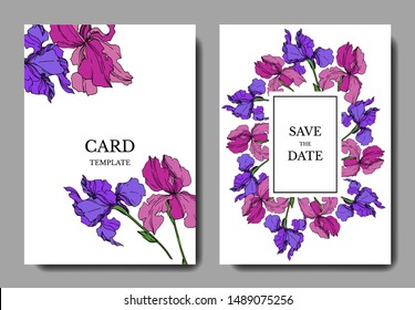Vector Iris floral botanical flowers. Black and white engraved ink art. Wedding background card decorative border. Thank you, rsvp, invitation elegant card illustration graphic set banner.