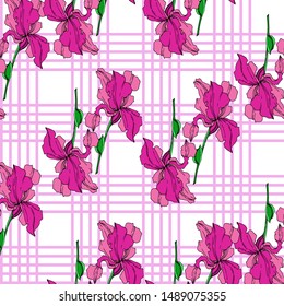 Vector Iris floral botanical flowers. Wild spring leaf wildflower isolated. Black and white engraved ink art. Seamless background pattern. Fabric wallpaper print texture.