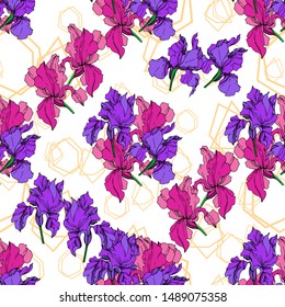 Vector Iris floral botanical flowers. Wild spring leaf wildflower isolated. Black and white engraved ink art. Seamless background pattern. Fabric wallpaper print texture.