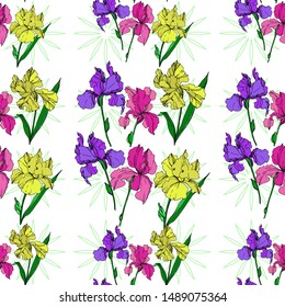 Vector Iris floral botanical flowers. Wild spring leaf wildflower isolated. Black and white engraved ink art. Seamless background pattern. Fabric wallpaper print texture.