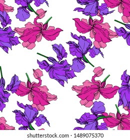 Vector Iris floral botanical flowers. Wild spring leaf wildflower isolated. Black and white engraved ink art. Seamless background pattern. Fabric wallpaper print texture.