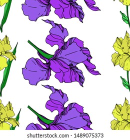 Vector Iris floral botanical flowers. Wild spring leaf wildflower isolated. Black and white engraved ink art. Seamless background pattern. Fabric wallpaper print texture.